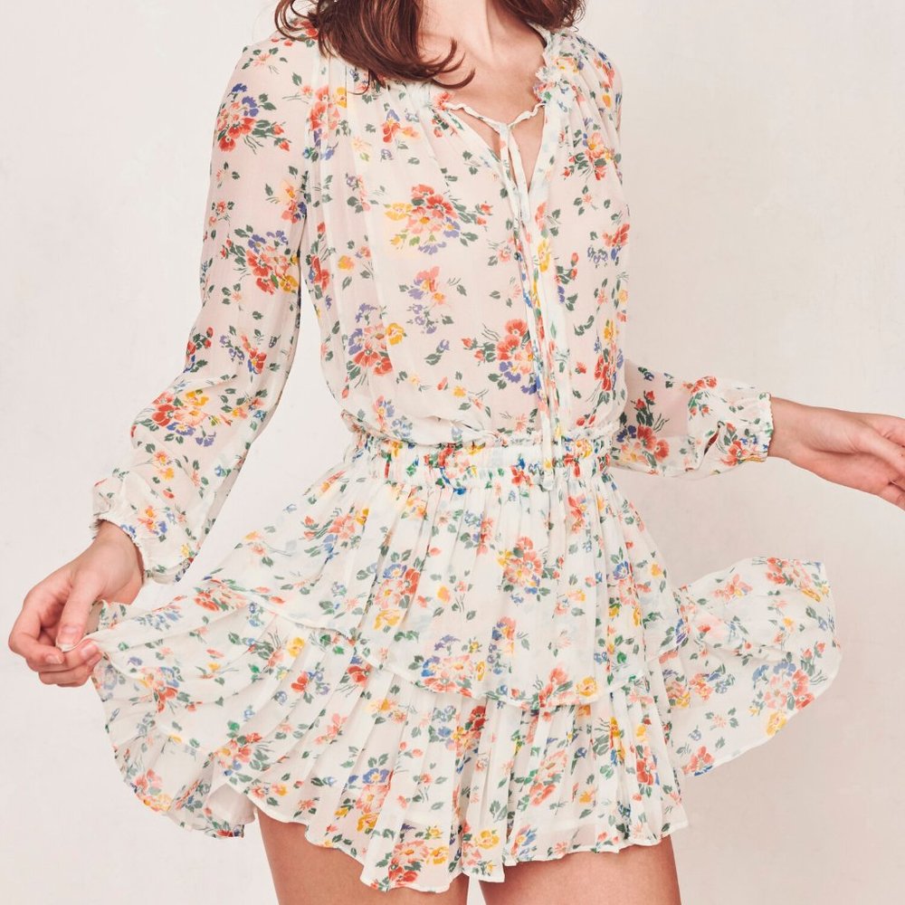LoveShackFancy Floral Popover Silk Dress  M